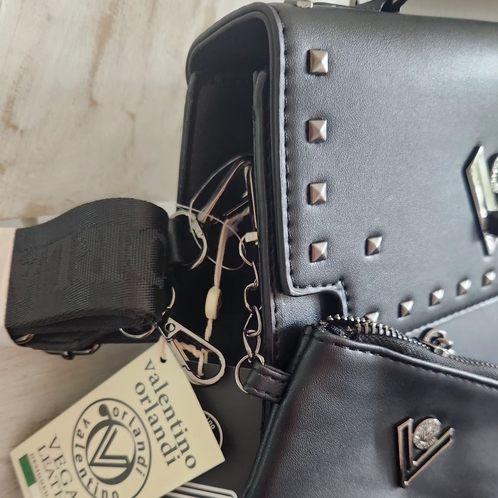 Valentino Orlandi studded black satchel with web crossbody strap. New with tags! - Picture 2 of 12